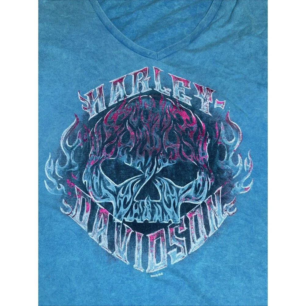 Electric City Harley Davidson Graphic T-Shirt - Large Blue Cotton